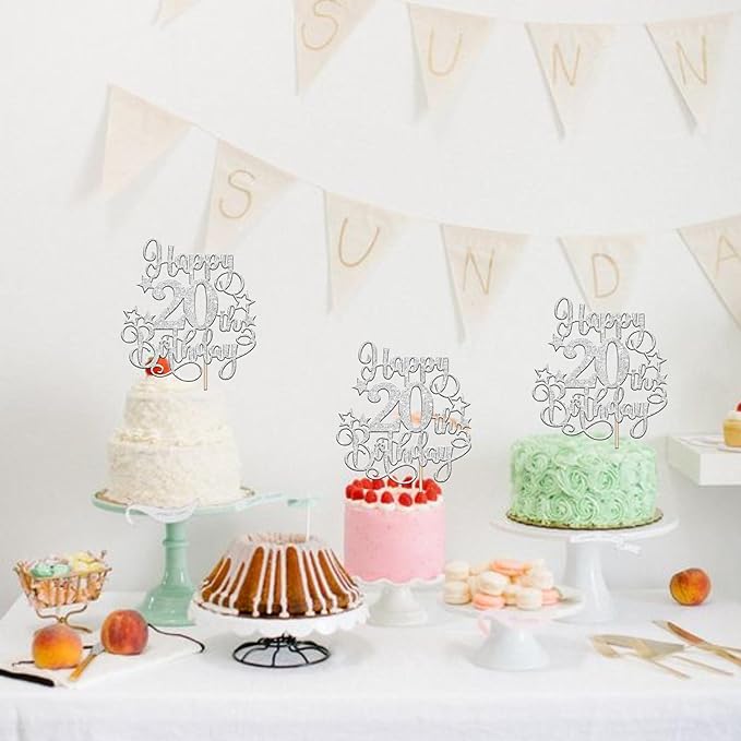 1 PCS Happy 20th Birthday Cake Topper Glitter Cheers to 20 Years Birthday Cake Pick Hello 20 Fabulous Cake Decoration for Happy 20th Birthday Anniversary Party Decorations Supplies silver