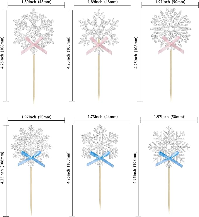 24Pcs Snowflake Cupcake Toppers Silver Glitter Pink Blue Bow Snowflake Gender Reveal Cake Toppers Decorations for Baby Shower Winter Wonderland Christmas Party Supplies
