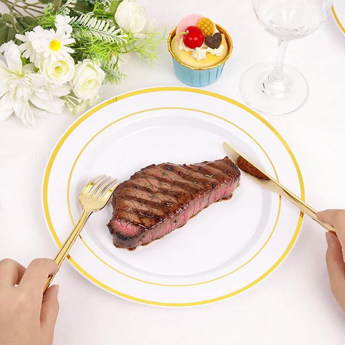 Rubtlamp 180 Pcs Gold Plastic Silverware - Disposable Plastic Utensils - Heavy Duty Plastic Forks And Spoons - Gold Plastic Cutlery Set Include 60 Forks, 60 Knives And 60 Spoons for Christmas Party