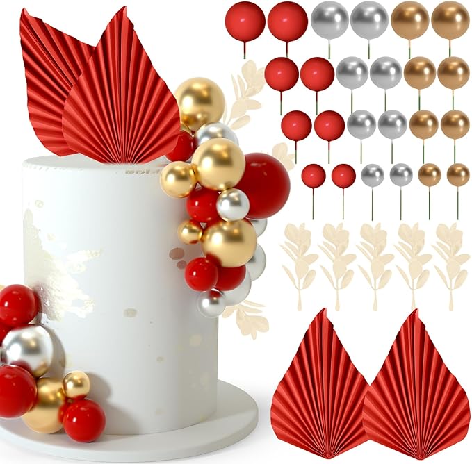NEBURORA 64 Pcs Balls Cake Toppers and Leaves Decoration Set Mini Balloons for Cake Decorating Supplies Balls Cake decorations for Baby Shower Cake Toppers Birthday Cake Decorations(Red Gold)