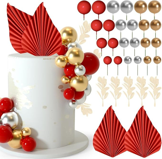 NEBURORA 64 Pcs Balls Cake Toppers and Leaves Decoration Set Mini Balloons for Cake Decorating Supplies Balls Cake decorations for Baby Shower Cake Toppers Birthday Cake Decorations(Red Gold)