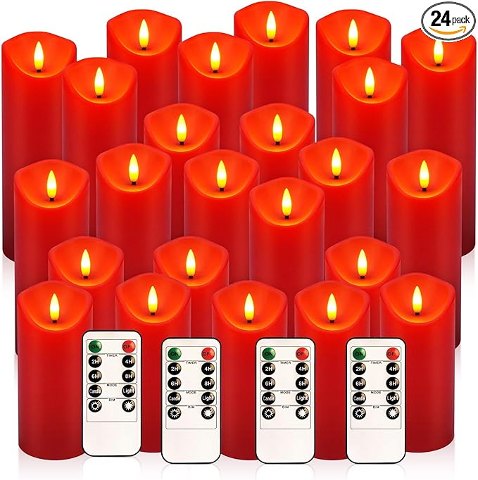 24 Pack Red LED Candles with Remote & Timer - Flameless Pillar Candles with 3D Flickering Flame, Battery Operated for Christmas Tree, Table Centerpieces, Party Decor