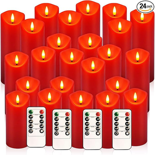 24 Pack Red LED Candles with Remote & Timer - Flameless Pillar Candles with 3D Flickering Flame, Battery Operated for Christmas Tree, Table Centerpieces, Party Decor