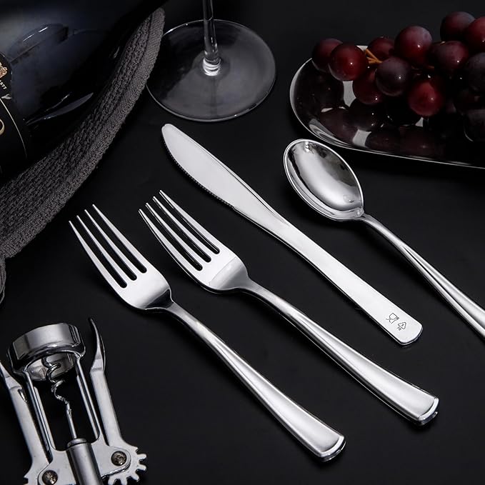Nervure 300 Pack Silver Plastic Silverware - Disposable Silver Plastic Cutlery Set - Heavy Duty Silverware Include 150 Forks, 75 Knives, 75 Spoons Perfect for Parties, Dinners & Weddings