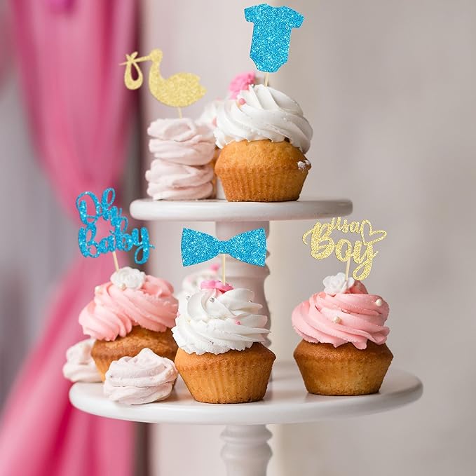 Gyufise 36 Pack Oh Baby Cupcake Toppers Assembled It's a Boy Cupcake Toppers with Tie Onesie Love Heart Glitter Cake Picks Decorations for Baby Shower Boy Birthday Party Supplies