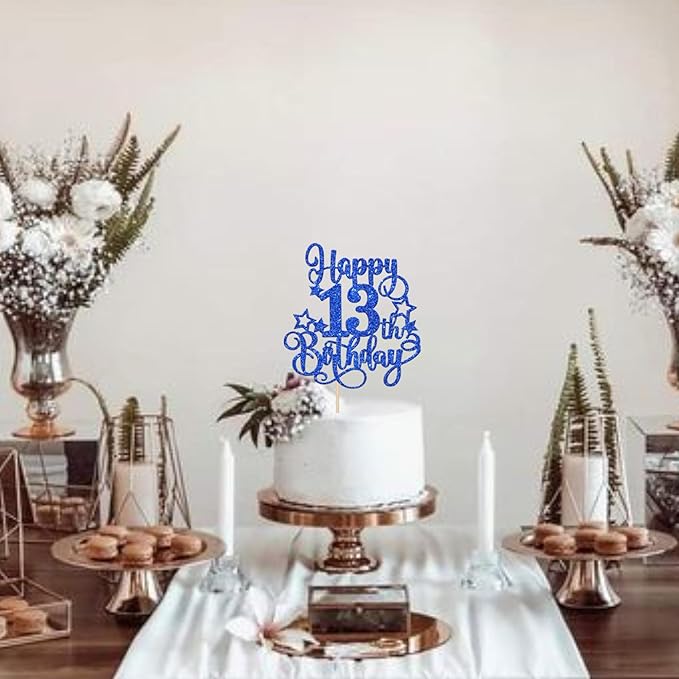 1 PCS Happy 13th Birthday Cake Topper Glitter Cheers to 13 Years Birthday Cake Pick Hello 13 Fabulous Cake Decoration for Happy 13th Birthday Anniversary Party Decorations Supplies Blue
