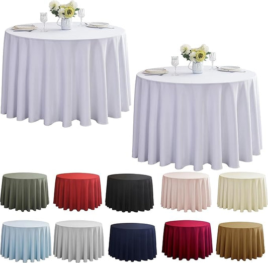2-Pack Round 108-inch White Table Cloths, Solid Stain and Wrinkle Resistant Circular Tablecloth, Premium Plain Weave Polyester Fabric Table Linen Covers for Hotel, Banquet