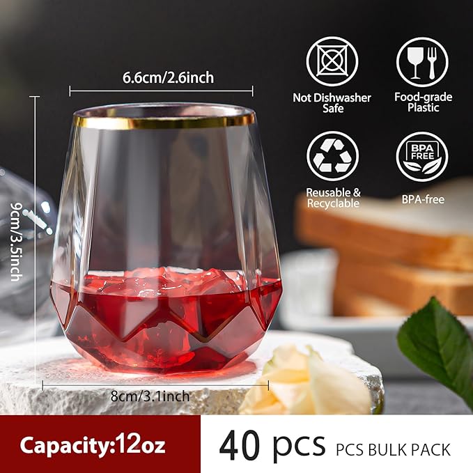 40 Pack Plastic Wine Glasses, 12Oz Origami Disposable Wine Glasses Unbreakable Clear Plastic Cocktail Glasses Recyclable Shatterproof Reusable Wine Cups (12oz-40pack)