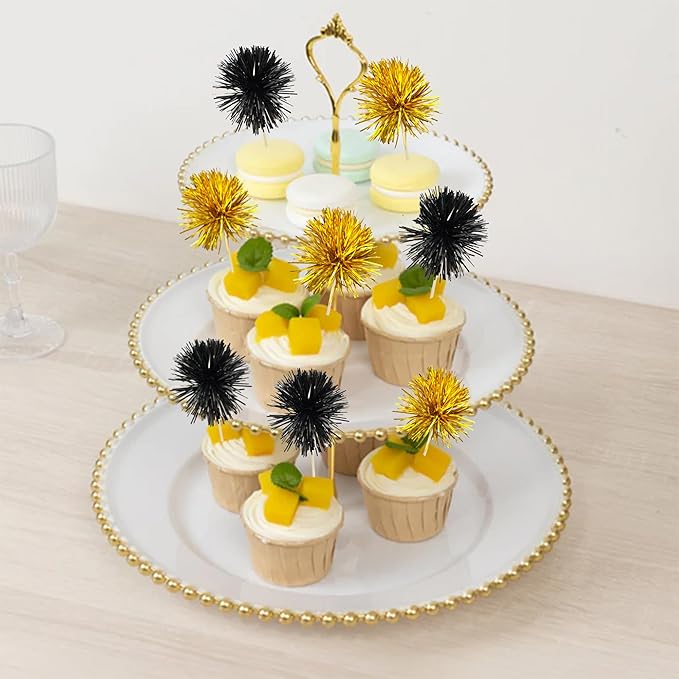 Ephlyn 30Pcs Foil Firework Cupcake Toppers Sparkle Tinsel Cupcake Picks Happy Birthday Cake Decorations Drink Stirrers Cocktail Food Toothpicks for Baby Shower Graduation Party Supplies Black Gold