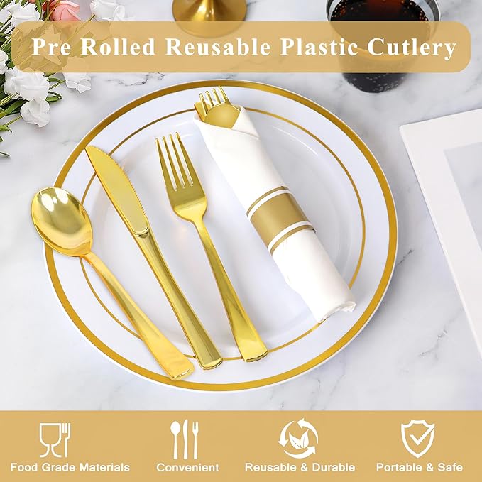 50 Pack Pre Rolled Gold Plastic Silverware Set,Wrapped Plastic Cutlery Set with Napkin Include 50 Forks,50 Spoons,50 Knives and 50 White Napkins for Party,Wedding,Christmas