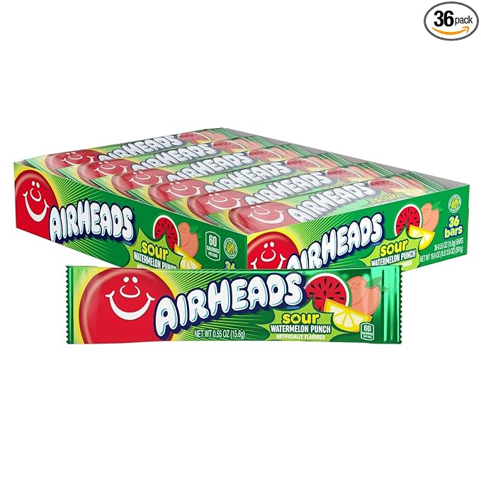 Airheads SOUR Candy Bars, Sour Watermelon Punch Flavored, Bulk, Concessions, Parties, Pack of 36 Bars