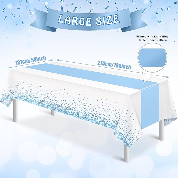 12Pcs White Light Blue Tablecloth Party Decorations,Plastic White Table Cloth Printed Baby Blue Tables Runner Disposable Rectangle Table Cover for Birthday Baby Shower Wedding Party,54 x108 Inch