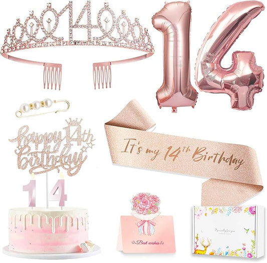 14th Birthday Decorations for Girls, 14th Birthday Sash and Crown, Cake Topper, Number Candles and Balloons, 14 Year Old Gifts for Girls