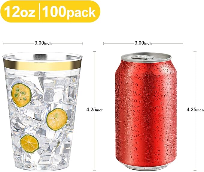 BESTVIP 12oz Gold Plastic Cups, 100 Pack Gold Rimmed Disposable Cups, Heavy-duty Party Cocktail Glasses, Plastic Cups for Party, Holiday, Christmas, Wedding and Birthday