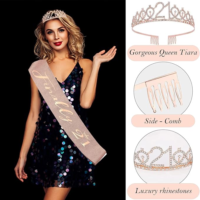 21st Birthday Gifts Decorations for Her, Including 21st Cake Toppers, Birthday Queen Sash with Pearl Pin, Sweet Rhinestone Tiara Crown, Number Candles and Balloons Set, Rose Gold