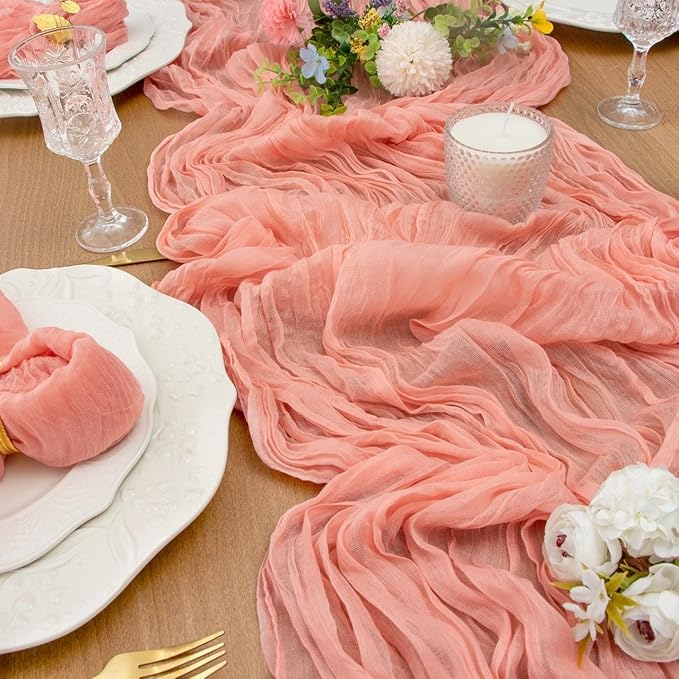 FEXIA Pink Cheesecloth Table Runner Spring Easter Table Runner 35x120 Inches for Mother's Day Bridal Shower Tea Party Spring Baby Shower Decor Table Centerpiece Decorations