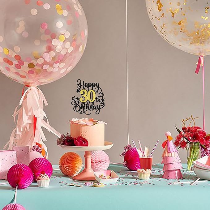 1 PCS Happy 30th Birthday Cake Topper Black Gold Glitter Cheers to 30 Years Birthday Cake Pick Hello 30 Fabulous Cake Decoration for Happy 30th Birthday Anniversary Party Decorations Supplies