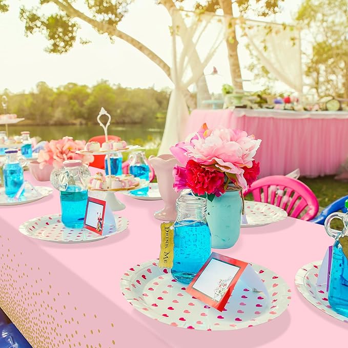 1 Pack Pink and Gold Plastic Tablecloth for Parties, Pink Disposable Table Cloth for Rectangle Tables, Gold Stamping Dot Confetti Light Pink Tablecloth for Birthday Wedding Baby Shower Party, 54x108"