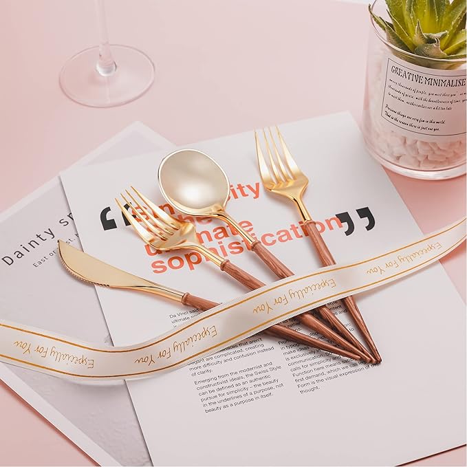 Lullaby 240PCS Gold Plastic Silverware, Gold Disposable Cutlery with Wood Grain Handle Include 80 Forks, 80 Spoons, 80 Knives, Elegant Disposable Silverware for Wedding, Party, Gathering, Daily Use