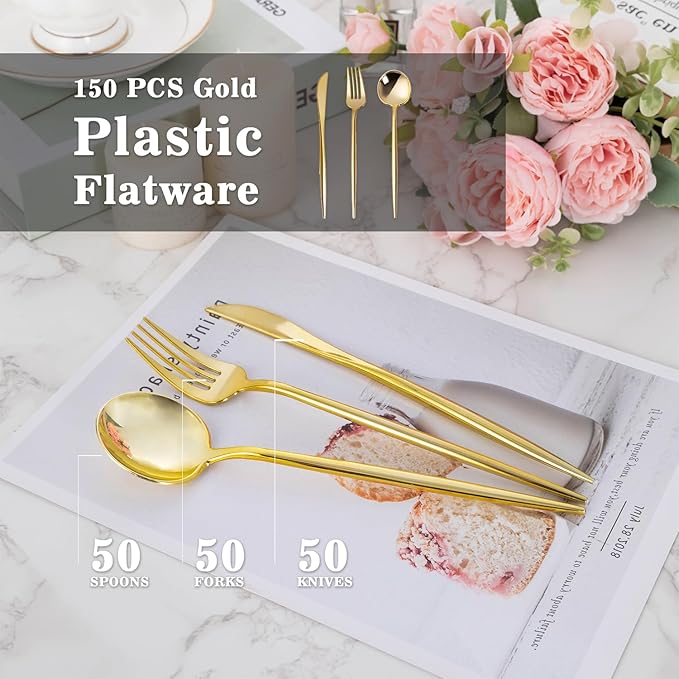 150PCS Gold Plastic Silverware,Heavy Duty Disposable Utensils Include 50 Forks,50 Spoons and 50 Knives,Gold Cutlery Plastic Silverware Sets for Party, Birthday,Wedding