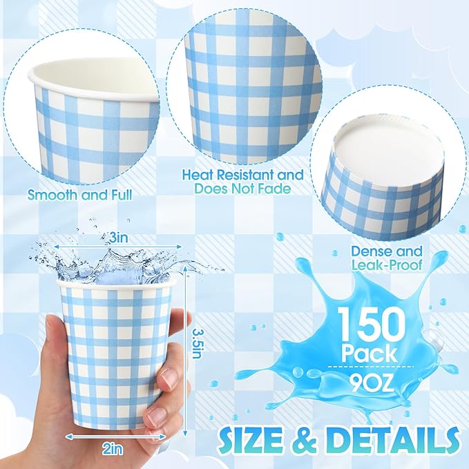 Honeydak 150 Pcs 9 oz Gingham Paper Drinking Cups Checkered Party Disposable Plaid Paper Cups Supplies for Wedding Birthday Fiesta Party Baby Shower Picnic(Blue)