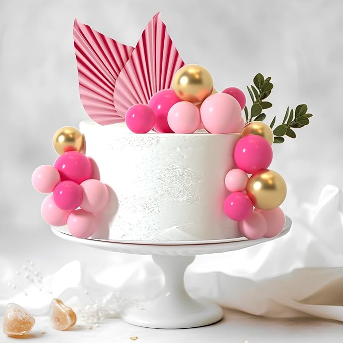 NEBURORA 64 Pcs Balls Cake Toppers and Leaves Decoration Set Mini Balloons for Cake Decorating Supplies Balls Cake decorations for Baby Shower Cake Toppers Birthday Cake Decorations (Pink Gold）