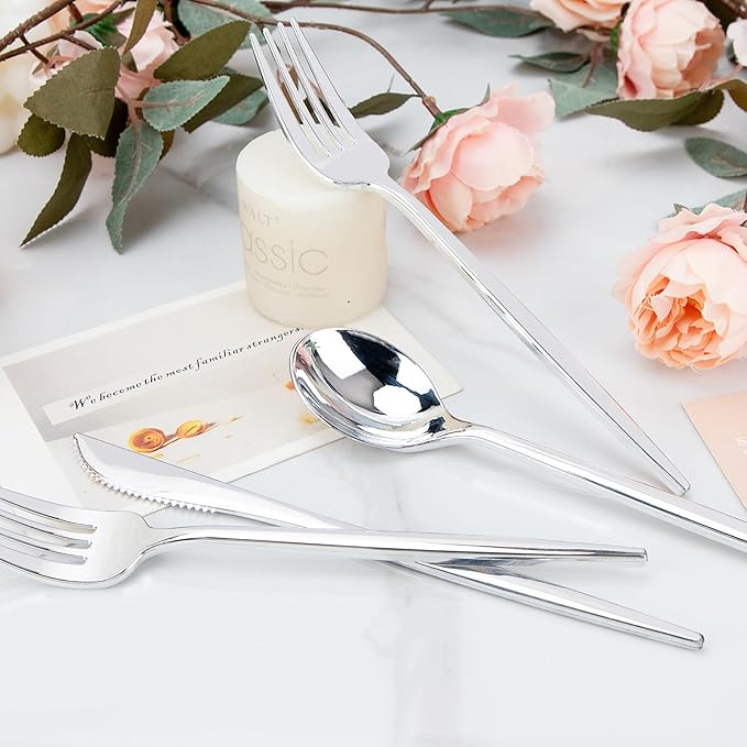 PULOTE 150PCS Silver Plastic Silverware Disposable - Heavy Duty Silver Plastic Cutlery Set - Plastic Utensils Set Include 50 Knives,50 Forks and 50 Spoons for Wedding,Party&Christmas