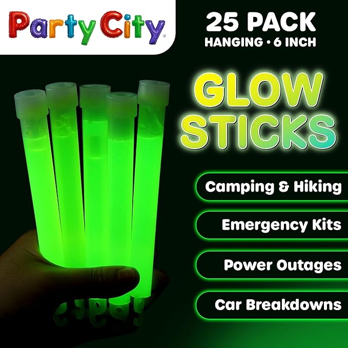 Party City Green Glow Sticks Bulk Pack 6”- 25pk Glow in the Dark Sticks for Kids, Waterproof Camping Survival Ultra Bright Emergency Light Stick with String, Neon Glowsticks Party Supplies Favors