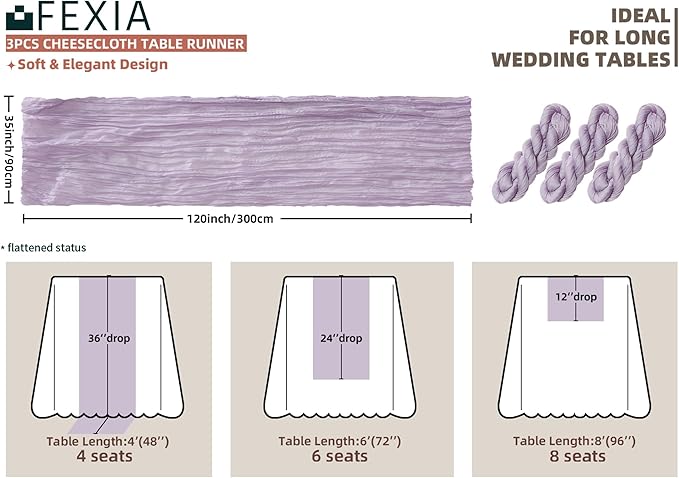 FEXIA 3 Pack Lilac Cheesecloth Table Runner 35x120 Inches for Baby Shower Decorations Spring Easter Table Runners for Wedding Party First Communion Centerpiece Engagement Bridal Shower Boho Decor