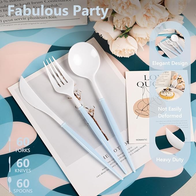 180PCS White Plastic Silverware with Blue Handle,Disposable Utensils Set Include 60 Forks,60 Knives,60 Spoons,Modern Heavy Duty Plastic Silverware Set for Party,Birthday,Wedding