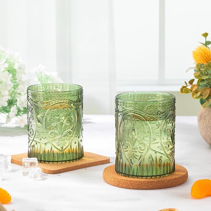 100 Plastic Vintage Drinking Glasses 8.5oz Stemless Retro Embossed Wine Glasses Shatterproof Reusable Cups for Baby Shower Wedding Reception Grand Event Party (Dark Green)