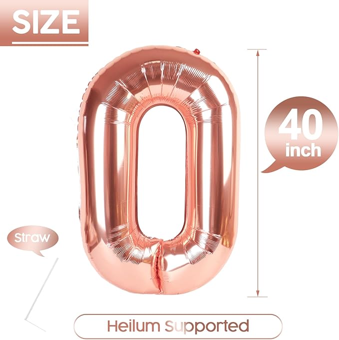 0 Balloon - Rose Gold Birthday Number Balloons, 40 Inch Large Foil Balloons for Men Women Boys Girls Rose Gold Themed Birthday Decorations