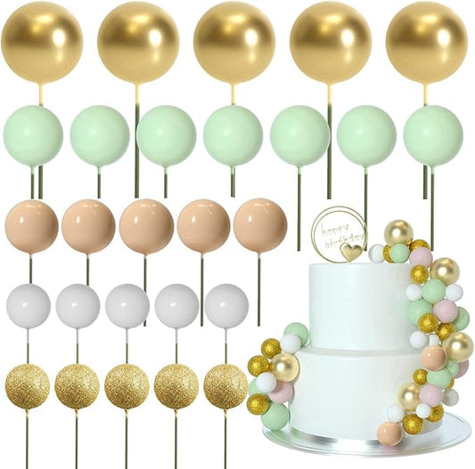 ASTARON 50 Pcs Ball Cake Topper Sticks Mini Balloons for Cake Decorating Supplies Foam Balls Cake decorations for Baby Shower Cake Birthday Cake Toppers Decorations (Light Brown，Green)