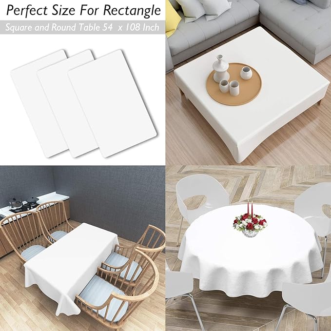 Childom 3 Pack Plastic Tablecloths for Rectangle Tables 54" x 108" White Disposable Table Cloths for 6 to 8 Foot Tables Indoor or Outdoor Parties Birthday Wedding Christmas Anniversary Buffet Table