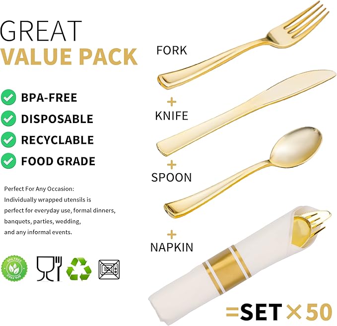 50 Pack Pre Rolled Gold Plastic Silverware Set with Napkins,Disposable Wrapped Heavy Duty Cutlery Set for Wedding Birthday Party-50 Forks,Knives,Spoons,Napkins,Utensils Set,Plasticware Bulk