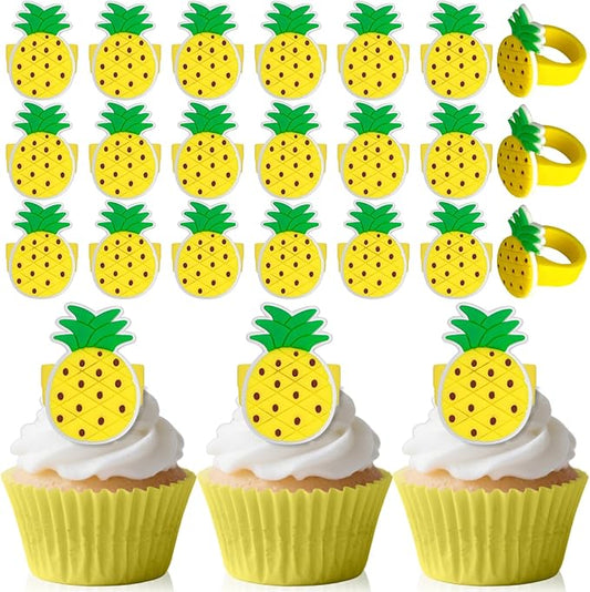 24PCS Pineapple Cupcake Topper Donut Cake Toppers, Pineapple Cupcake Rings for Pineapple Theme Summer Tropical Hawaiian Party Birthday Baby Shower Cake Decorations