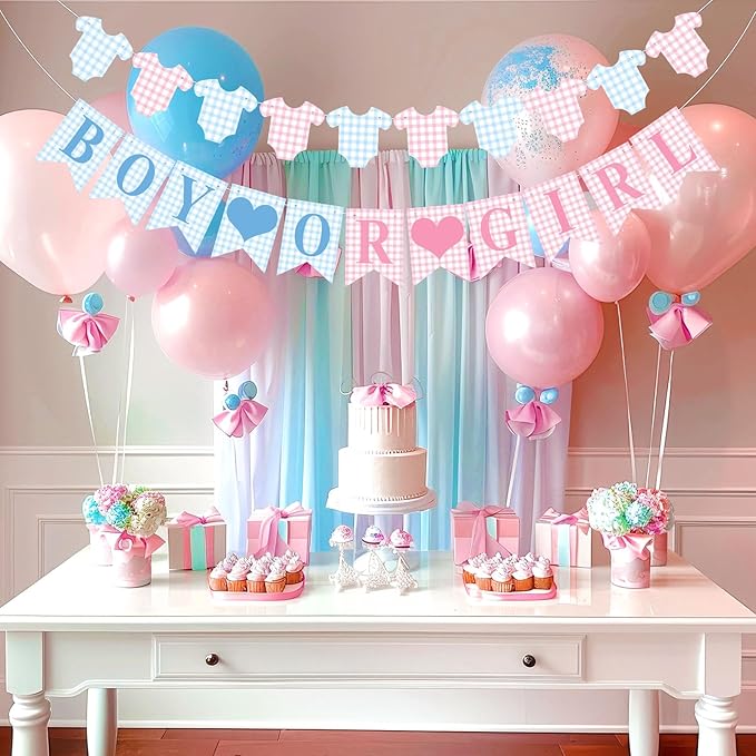 1 Pcs Blue Pink Gingham Boy or Girl Clothesline Bodysuit Banner for Party Decorations Pre Strung Baby Shower Gender Reveal Paper Banner for Table, Wall, Mantel Display Party Decor Supplies