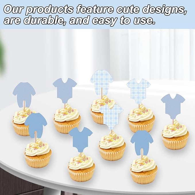 48Pcs Baby Shower Decorations Boy Cupcake Toppers Decorating, Blue Baby Shower Boy Cake Toppers Party Decorations Supplies, Blue Bodysuit Happy Birthday Decor Supplies Cake Decor