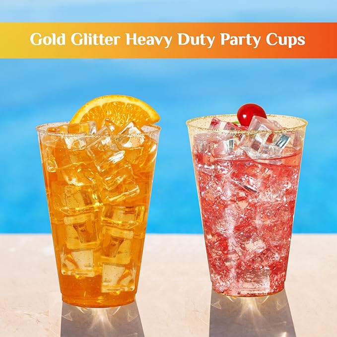 Vplus 100 Count 14 OZ Gold Glitter Heavy Duty Large Plastic Cups, Disposable Plastic Glasses Tumblers, Elegant Wedding Birthday Christmas Party Cups