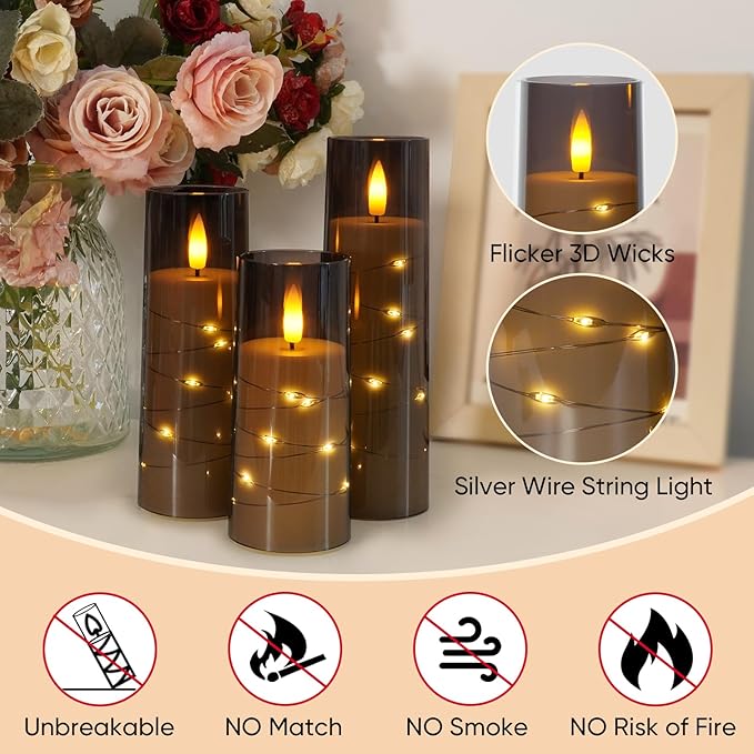 Raycare Flameless Candle with Remote Timer – 5 Flickering Acrylic Battery Operated LED Pillar Candles with Embedded Star String for Christmas, Home Decor, and as a Gift(Grey)