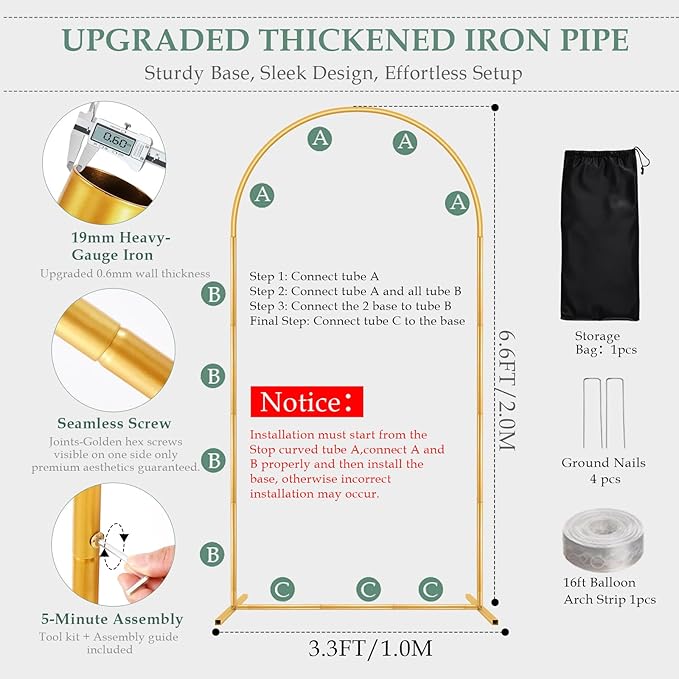 6.6FT Metal Wedding Arch Backdrop Stand for Parties, Gold Balloon Arch kit Stand for Baby Shower Gender Reveal Ceremony Birthday Anniversary Bridal Graduation Party Event Decoration