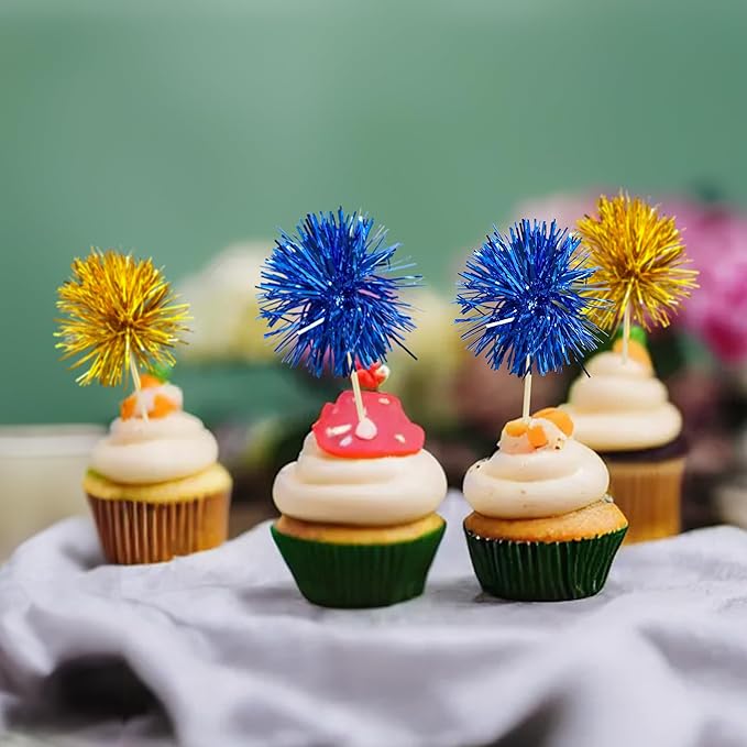 Gyufise 30Pcs Foil Firework Cupcake Toppers Sparkle Tinsel Cake Toppers Tinsel Drink Cake Decoration Cocktail Picks for Birthday Wedding Graduation Party Supplies Gold Dark Blue