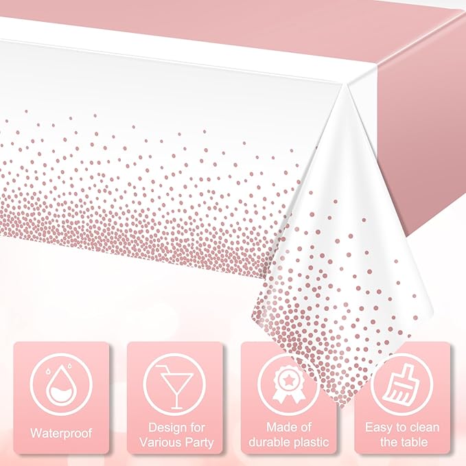 3Pcs White and Rose Gold Tablecloth Party Decorations,Plastic White Table Cloth Printed Rose Gold Table Runner Disposable Rectangle Cover for Birthday Anniversary Wedding Grad Party,54 x108 Inch