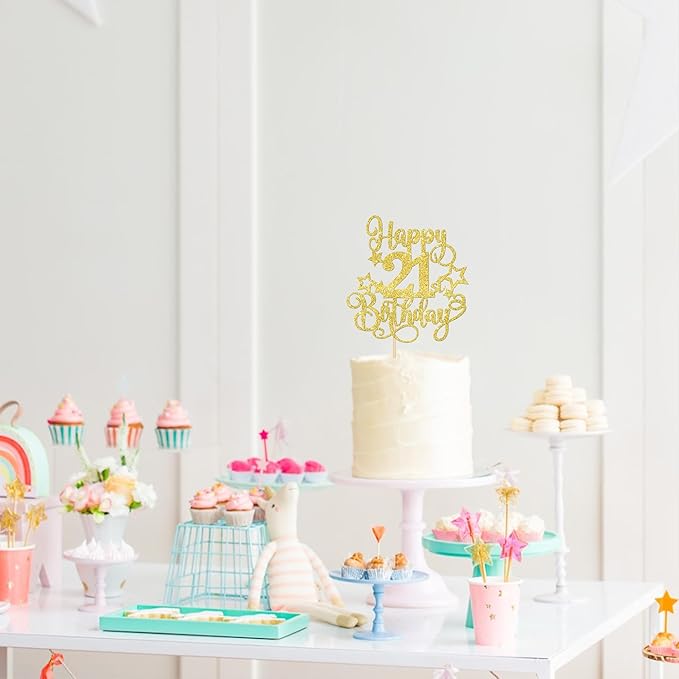 1 PCS Happy 21st Birthday Cake Topper Glitter Cheers to 21 Years Birthday Cake Pick Hello 21 Fabulous Cake Decoration for Happy 21st Birthday Anniversary Party Decorations Supplies Gold