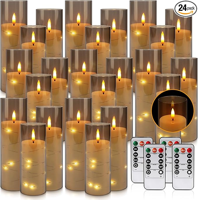 24-Pack Gray Flameless Candles with Remote Control, Battery-Powered LED Candles with Embedded Star String Lights & Realistic Flickering Flame. with Timer for Christmas, Home, Wedding, Fireplace Mantle