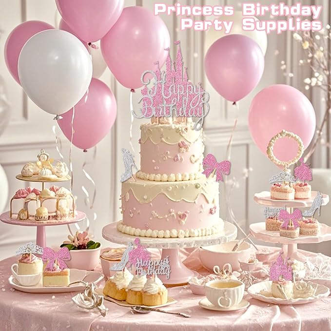 26Pcs Castle Princess Cake Topper Silver Pink Glitter Princess Cupcake Toppers High Heel Bow Crown Princess Cake Decorations for Princess Birthday Party Supplies Baby Bridal Shower