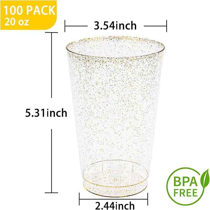 I00000 100 Pack 20 oz Gold Plastic Cups, Gold Glitter Cups Disposable Plastic Wine Glasses Cocktail Glasses Premium Cup, 20 Ounce Glitter Disposable Tumblers for Party & Wedding