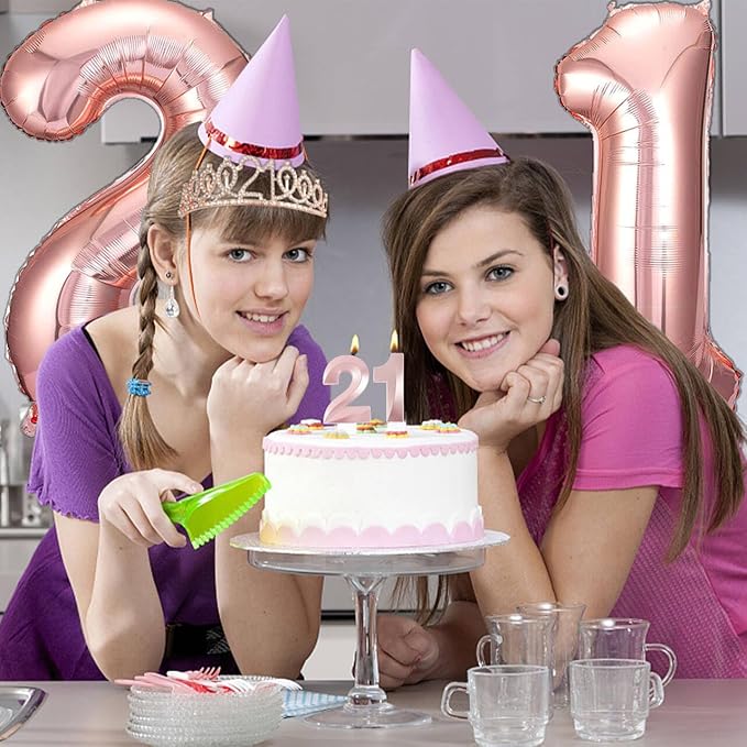 21st Birthday Gifts Decorations for Her, Including 21st Cake Toppers, Birthday Queen Sash with Pearl Pin, Sweet Rhinestone Tiara Crown, Number Candles and Balloons Set, Rose Gold