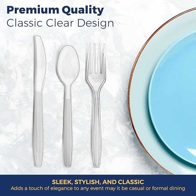 360 Count Extra Heavy Duty Plastic Silverware Set – Heat Resistant & BPA Free Disposable Silverware Cutlery 150 Forks, 150 Spoons, 60 Knives – Clear Premium Plastic Utensils for Parties & Events