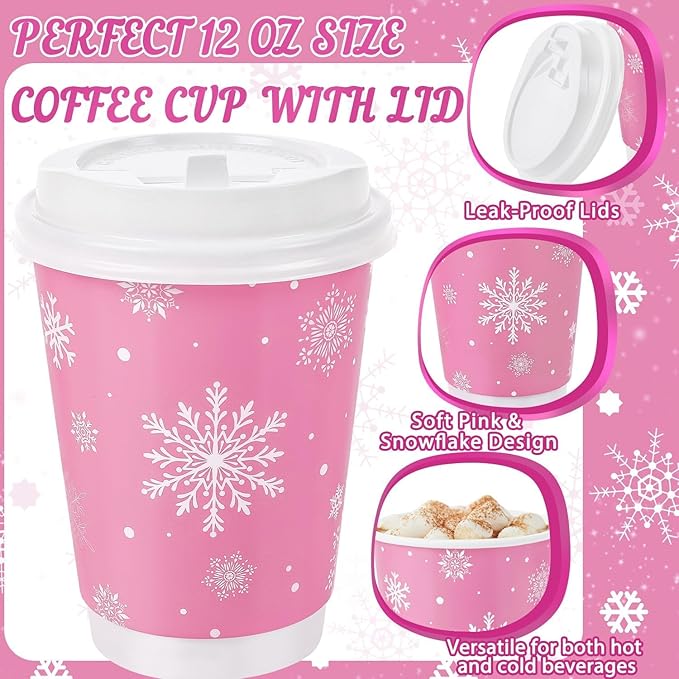 100 Pcs 12 Oz Pink Christmas Coffee Cups with Lids Snowflake Winter Wonderland Disposable Cups Insulated Paper Cups Togo Cups for Hot Chocolate Water Tea Xmas Holiday Birthday Party Supplies